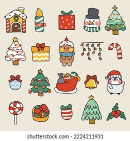 Set of cute icon in christmas and winter concept.Cartoon character design collection.Dessert house,gift box,snowman,tree,candy,gingerbread,penguin hand drawn.Kawaii.Vector.Illustration.