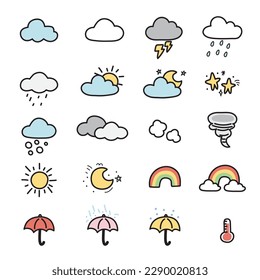 Conjunto de iconos bonitos en el concepto de dibujos animados en la nube y el cielo. Recopilación de elementos meteorológicos.Dibujo infantil.Sol, luna, paraguas, relámpago, mano de tormenta dibujada.Kawaii.Vector.Ilustración.