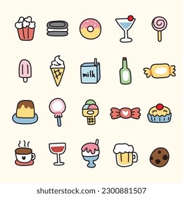 Set of cute icon in dessert and beverage concept.Food hand drawn.Ice cream,donut,candy,milk,beer,wine design.Kawaii.Vector.Illustration.