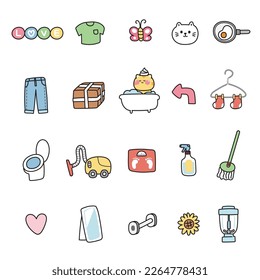 Set of cute icon of diary concept.Cat.Housework.Animal character cartoon design.Meow.Kawaii.Vector.Illustration.