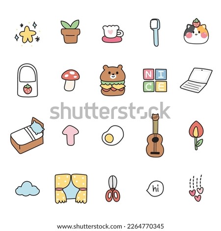 Set of cute icon in diary life on white background.Plant,food,word hand drawn.Animal cartoon collection.Kawaii.Vector.Illustration.