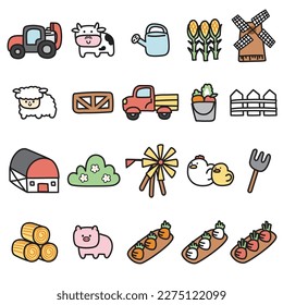 Set of cute icon in farm concept.Cartoon graphic design.Animal,fruit,pant hand drawn.Countryside.Isolated.Kawaii.Vector.Illustration.