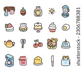 Set of cute icon in food and bakery tool concept.Cartoon hand drawn collections.Cheese,cake,fried egg,cherry,jam.Kitchen.Kawaii.Vector.Illustration.