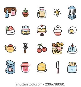 Set of cute icon in food and bakery tool concept.Cartoon hand drawn collections.Cheese,cake,fried egg,cherry,jam.Kitchen.Kawaii.Vector.Illustration.