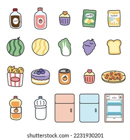 Set of cute icon food and beverage.Cartoon hand drawn collection.Drink,cup cake,snack,fruit,refrigerator,juice,bread design.Kawaii.Vector.Illustration.