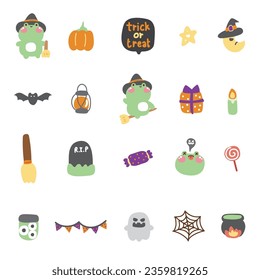 Set of cute icon frog witch in halloween concept.Festival.Autumn.October.Reptile animal character cartoon design.Ghost,bat,pumpkin,candy,poison hand drawn.Kawaii.Vector Illustration.