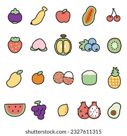 Set of cute icon fruit cartoon hand drawn.Food collection.Summer.Kid graphic design.Kawaii.Juice.Vector.Illustration.