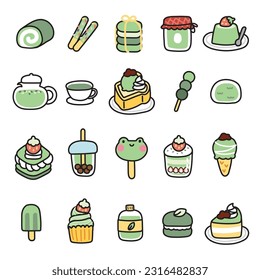Set of cute icon in green tea flavor concept.Food and beverage hand drawn.Cake,strawberry,sweet,japanese dessert.Kawaii.Vector.Illustration.