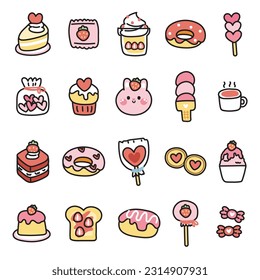 Set of cute icon in heart and  strawberry flavor concept.Rabbit animal.Sweet,dessert,cookies,donut,candy hand drawn.Decorated collection.Kawaii.Vector.Illustration.