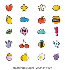 Set of cute icon in line hand drawn style.Cartoon design collection.Animal,fruit,nature,flower,food,word design.Kawaii.Vector.Illustration.