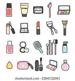 Set of cute icon in make up concept.Beautiful.Collections of cartoon hand drawn.Lipstick,eyeshadow,comb hand drawn.Kawaii.Vector.Illustration.