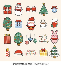 Set of cute icon in merry christmas concept.Cartoon character design collection.Gift box,snowman,chriastmas tree,santa claus,coffee hand drawn.Kawaii.Vector.Illustration.