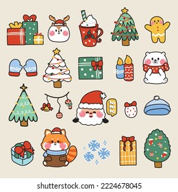 Set of cute icon in merry christmas and happy new year festival concept.Winter season collection.Animal cartoon.Gift box,deer,bear,red panda.tree,ginger bread,santa claus drawn.Vector.Illustration.