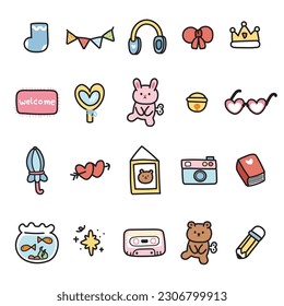 Set of cute icon of object at home.Cartoon hand drawn.Decorating hourse.Clothing,accessories,toy,camera,frame.Kawaii.Vector.Illustration.