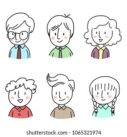 Set of cute icon or profile picture for social network such as businessman with eyeglasses, businesswoman smiling, girl with freckle. Doodled face icons on white background. Hand-drawn style vector.