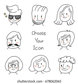 Set of cute icon or profile picture for social network such as man with sunglasses and sparkle, cute mustache man, cute women, smiling girl with glasses, handsome hipster with beard, man winking.