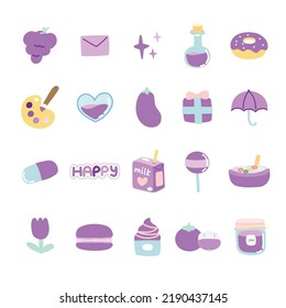 Set of cute icon in purple color concept.Cartoon hand drawn.Fruit,dessert,flower doodle.Kawaii.Vector.Illustration.