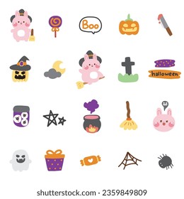 Set of cute icon rabbit witch in halloween concept.Festival.Autumn.October.Pet animal character cartoon design.Ghost,spider web,pumpkin,candy,poison hand drawn.Bunny.Kawaii.Vector Illustration.