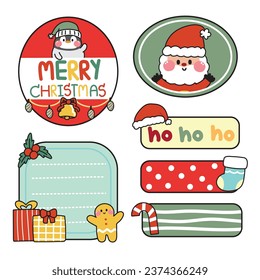 Set of cute icon tag cartoon merry christmas concept.Happy new year.Penguin animal.Santa.Winter.Image for card,poster,sticker,stationary decorated.Kawaii.Vector.Illustration.