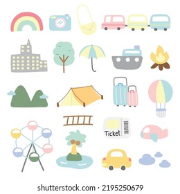 Set of cute icon in travel concept.Kid graphic design.Rainbow,camera,bag,nature,transportation hand drawn.Pastel color.Kawaii.Vector.Illustration.