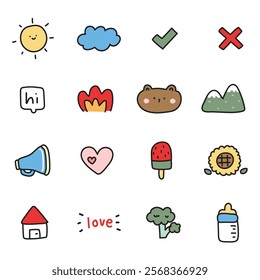 Set of cute icon various.Cartoon hand drawn.Teddy bear.Sun.Cloud.Animal,nature,food.Kawaii.Vector.Illustration.