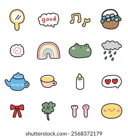 Set of cute icon various.Cartoon hand drawn.Frog.Chicken.Animal,nature,drinking.Kawaii.Vector.Illustration.