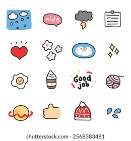 Set of cute icon various.Cartoon hand drawn.Penguin bird.Flower.Animal,nature,drinking.Kawaii.Vector.Illustration.