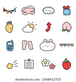 Set of cute icon various.Cartoon hand drawn.Rabbit.Bunny.Animal,nature,fruit.Kawaii.Vector.Illustration.