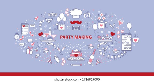 Set of cute icons event organizing company, any type of celebration, full circle of help from planning till cleaning. Party management web page, simple flat style.