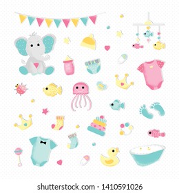 Set cute icons in flat style for a baby shower. Simple elements for birthday card design.Vector illustration