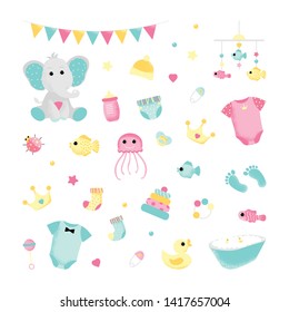 Set cute icons in flat style for a baby shower. Simple elements for birthday card design.Vector illustration