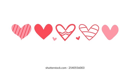 Set of cute icons in heart shape. Valentine's day. Romantic element for holiday, decoration, decor, postcard. Flat illustration. Background white isolated.