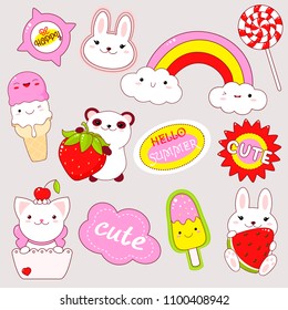 Set of cute icons in kawaii style. Panda wuth strawberry, bunny with watermelon,   ice cream, rainbow, cat, sticker with inscription cute, hello summer, be happy. EPS8