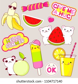 Set of cute icons in kawaii style. Panda with apple, polar bears with watermelon, ice cream, banana in sunglasses, candy, glass of juice, sticker with inscription ok, hello summer, give me a hug. EPS8