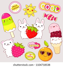 Set of cute icons in kawaii style. Bunny wuth strawberry, bear with raspberry, ice cream, sun, orange in sunglasses, candy, sticker with inscription cute, hello summer, be happy, cool. EPS8