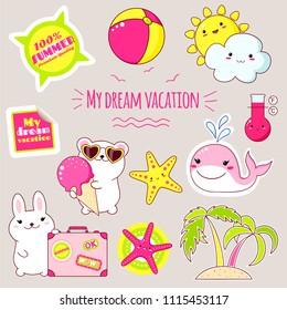 Set of cute icons in kawaii style. Bunny with suitcase, polar bear with ice cream, whale, palm, sun and cloud, ball, starfish, sticker with inscription my dream vacation, 100% summer. EPS8