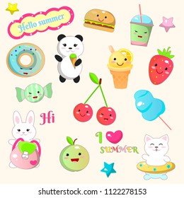 Set of cute icons in kawaii style. Burger, cocktail, drink, cotton candy, Panda with ice cream, ice cream, rabbit with backpack, hare, cat, lifeline, lettering, candy, strawberry,cherry, star.