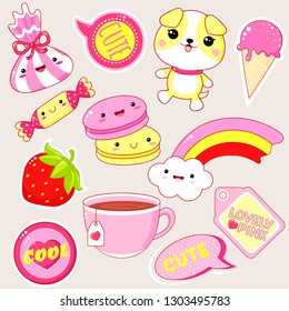 Set of cute icons in kawaii style with smiling face and pink cheeks for sweet design. Sticker with inscription Cute, Lovely pink. EPS8  