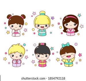 Set of cute icons in kawaii style. Collection of Japanese traditional toy kokeshi doll in kimono. Vector illustration EPS8  