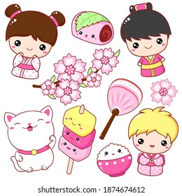 Juego de adorables iconos al estilo kawaii. muñeca japonesa tradicional de juguete kokeshi en kimono, gato neko maneki, Sakura Mochi, hincha, postres mochi en palos. Ilustración del vector EPS8  