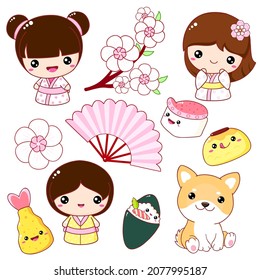 Set of cute icons in kawaii style. Japanese traditional toy kokeshi doll in kimono, Akita Inu puppy, sakura flowers, tempura, fan. Vector illustration EPS8  