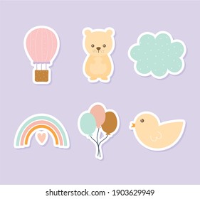 set of cute icons on a light purple background vector illustration design