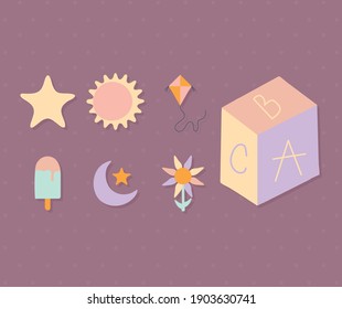 set of cute icons on a purple background vector illustration design