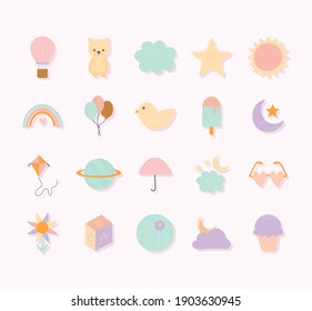 set of cute icons on a white background vector illustration design