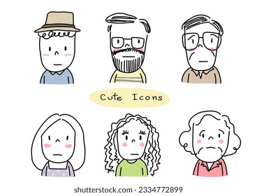 Set süße Symbole mit geraden Gesichtern. Kollektion von süßen Profilbildern zur Verwendung im sozialen Netzwerk. Set von süßen Avatar-Symbolen für die Verwendung als Gesichtssymbole oder Profilbilder in sozialen Netzwerken.