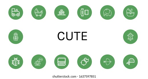 Set of cute icons. Such as Toy train, Stroller, Candy shop, Candy, Elephant, Moses basket, Ladybug, Chatbot, Cover, Duck, Bow, Bandana, Matryoshka doll, Bird house , cute icons