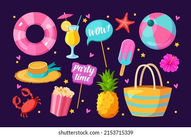 Juego de adorables iconos para una fiesta de verano: cócteles, frutas exóticas, helados y otros símbolos. Afiche de verano brillante