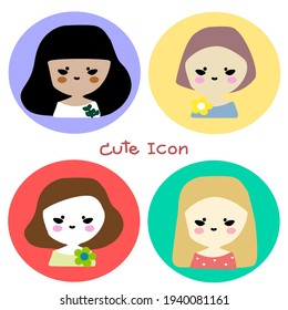 Set of cute icons for young women in various colored skin, different hair styles. Set of cute girls' straight faces for using as user icons, profile pictures or avatars in social network sites.