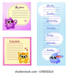 Set of cute ideas of design of organizer and schedule with place for notes isolated on white background. Template schedulers for children with picture of cute furry animals. Vector cartoon close-up.