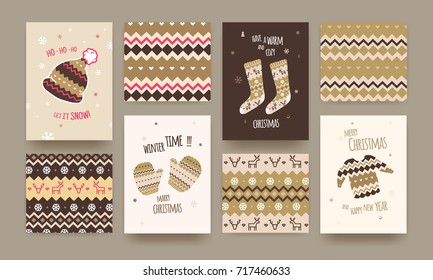 Set of Cute Illustrated Christmas Card with Winter Hat, Socks and Sweater, Christmas patterns, Golden Colors